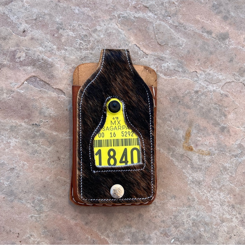 Handmade Artisan Mexican Cattle Auction Tag Cow Hide Phone Belt Loop Holder Case